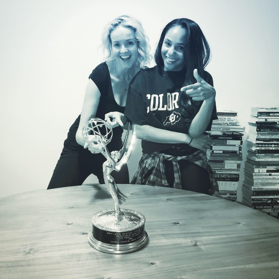 Lauren Wilkins and her Emmy with Melanie Camp Beautiful Hollywood Podcast